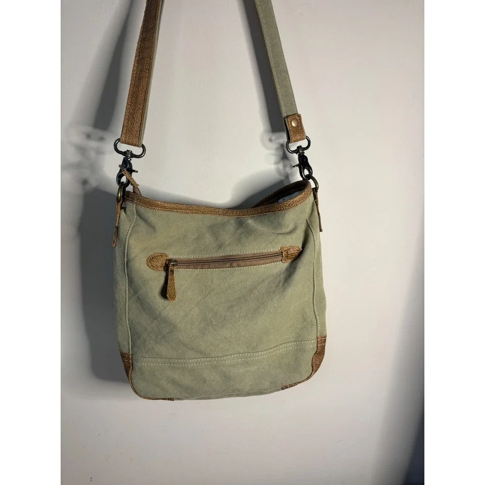 Myra Bag‎ Teal Yellow Tapestry Cotton Canvas Leather Crossbody Bag S-1536
